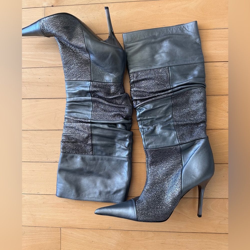Steve Madden Luxe Silver Patchwork Pointed Stiletto Boots 9